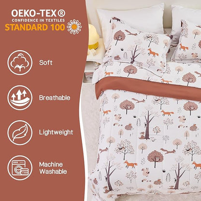 Kids Woodland Comforter Set for Boys Girls Twin Size, Cute Reversible Quilted Forest Animal Print Fall Bedding with Pillow Sham, Lightweight Soft Breathable Machine Camping Themed Bed Set 2 Piece