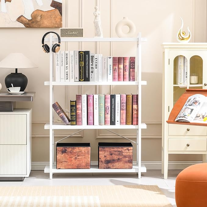 HCHQHS Bookshelf, 4-Tier Industrial Bookcase, White Open Book Shelf, Freestanding Tall Bookshelves with Metal Frame