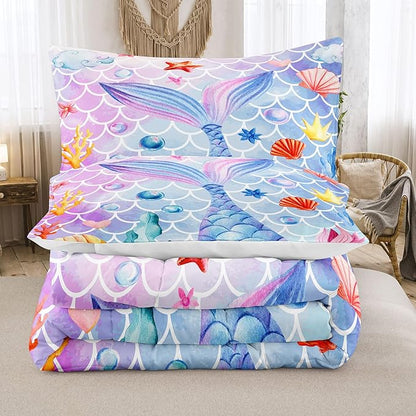 NINENINE Mermaid Bedding Sets,Girls Comforter Sets Queen, Princess Bedding Queen,Mermaid Comforter Ocean Fish Scales Bedding Sets with 1 Comforter 2Pillowcases