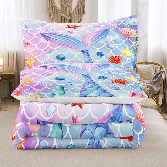 NINENINE Mermaid Comforter Sets,Full Size Girls Bedding Set,Girls Princess Comforter Sets Full Size,Colorful Ocean Fish Scales Comforter Set with 1 Comforter 2Pillowcases