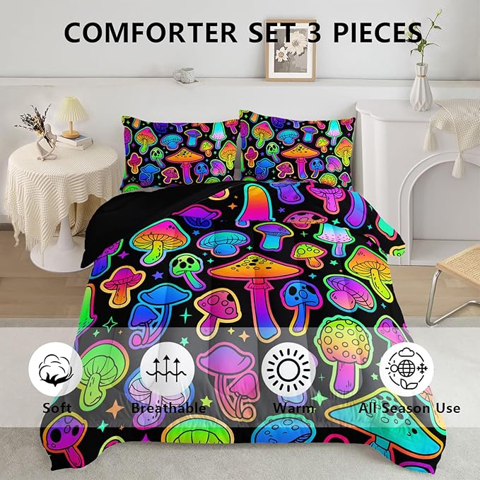 Mushroom Comforter Set Kids Bedding Set Full,3Pcs Colorful Soft Black Gradient Mushroom Quilt Set Bed in A Bag with 1 Comforter 2 Pillowcases for Kids Boys Girls Teens Adults Room Decor All Season
