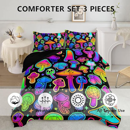 Mushroom Comforter Set Kids Bedding Set Full,3Pcs Colorful Soft Black Gradient Mushroom Quilt Set Bed in A Bag with 1 Comforter 2 Pillowcases for Kids Boys Girls Teens Adults Room Decor All Season