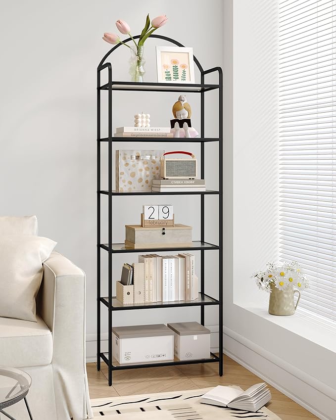 Bookcase Bookshelf, Tempered Glass Bookshelves, Slim Shelving Unit for Bedroom, Bathroom, Home Office, Steel Frame, 6 Tier Black BC21699B