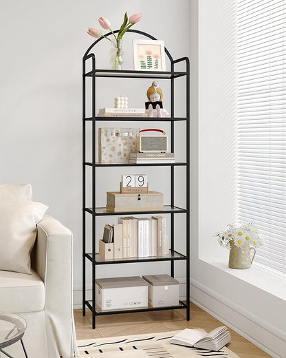 Bookcase Bookshelf, Tempered Glass Bookshelves, Slim Shelving Unit for Bedroom, Bathroom, Home Office, Steel Frame, 6 Tier Black BC21699B