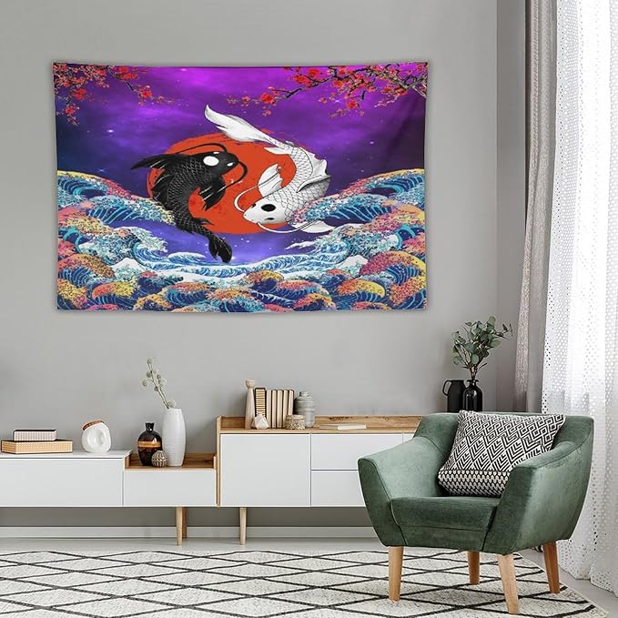 Houselerax Japanese Koi Fish Tapestry, Yin Yang Big Wave Cherry Blossom Tapestries Wall Hanging for Bedroom Living Room Office Decor 90"x60"