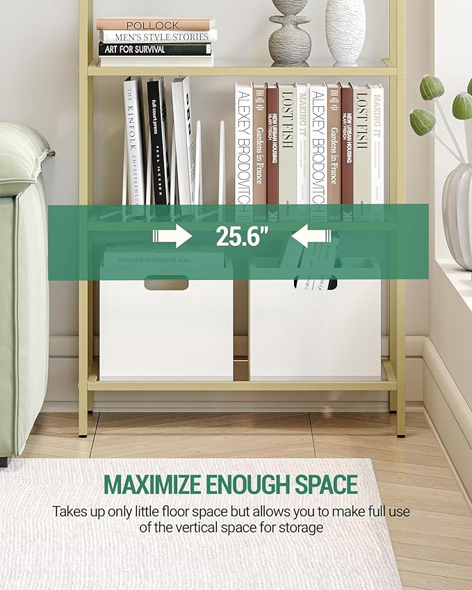 Bookcase Bookshelf, Tempered Glass Arched Bookshelf for More Storage, Slim Shelving Unit for Bedroom, Bathroom, Home Office, Steel Frame, Wide 5 Tier Gold BC22599G
