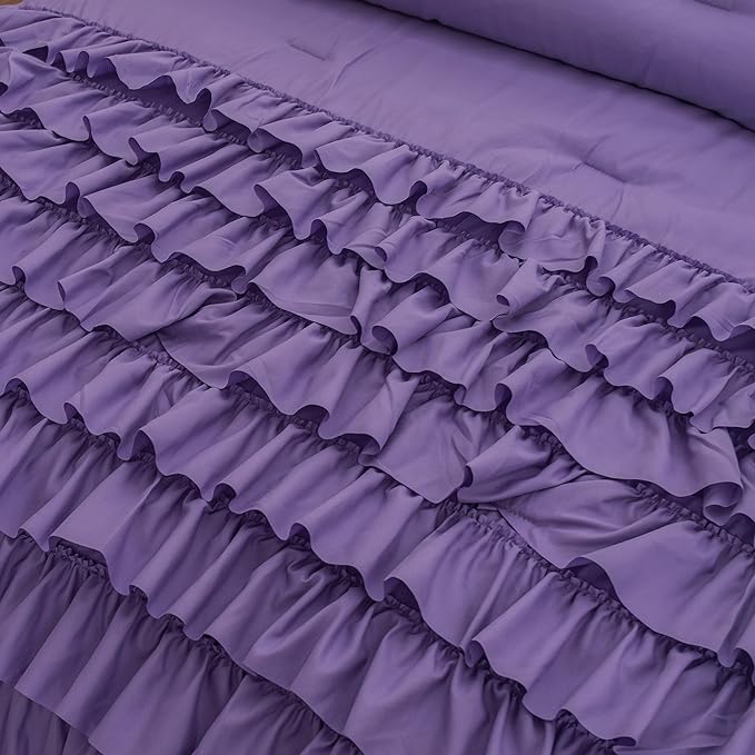 Purple Comforter Set Full Size, Light Purple Boho Ruffle Bedding Set, 3Pcs Kids Girls Full Size Bedding Sets for All Season