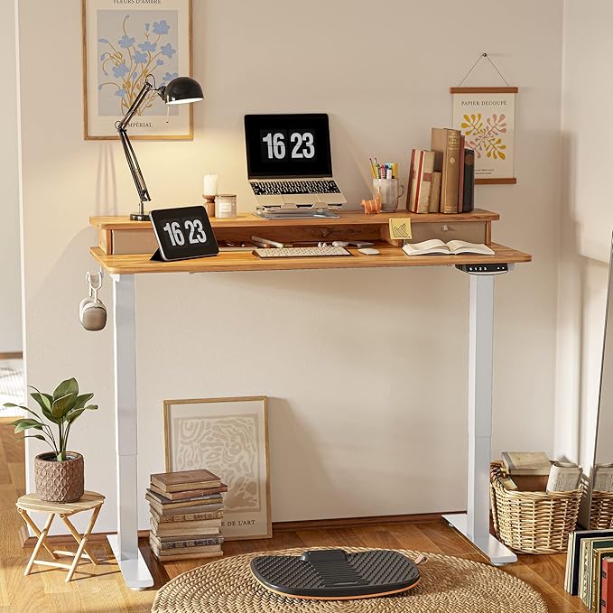 FEZIBO 48 x 24 Inch Height Adjustable Electric Standing Desk with Double Drawer, Stand Up Desk with Storage Shelf, Sit Stand Desk, Light Rustic