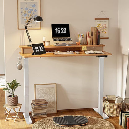 FEZIBO 55 x 24 Inch Height Adjustable Electric Standing Desk with Double Drawer, Stand Up Desk with Storage Shelf, Sit Stand Desk, Light Rustic