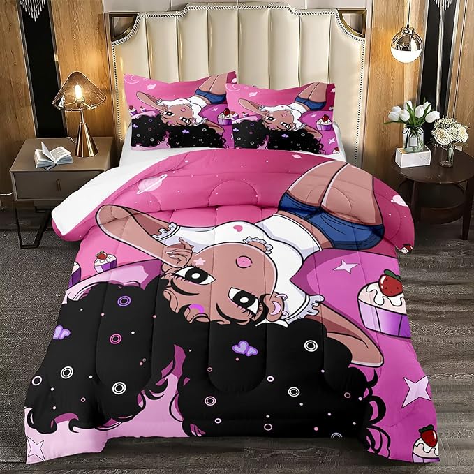 Black Girl Comforter Set, Black Girl Magic Comforter Set Queen Bed Bedding Sets Cute Teenage Girl Bedding Pink African American Pattern Soft Microfiber 3 Piece Quilt Set, 1 Comforter + 2 Pillowcase