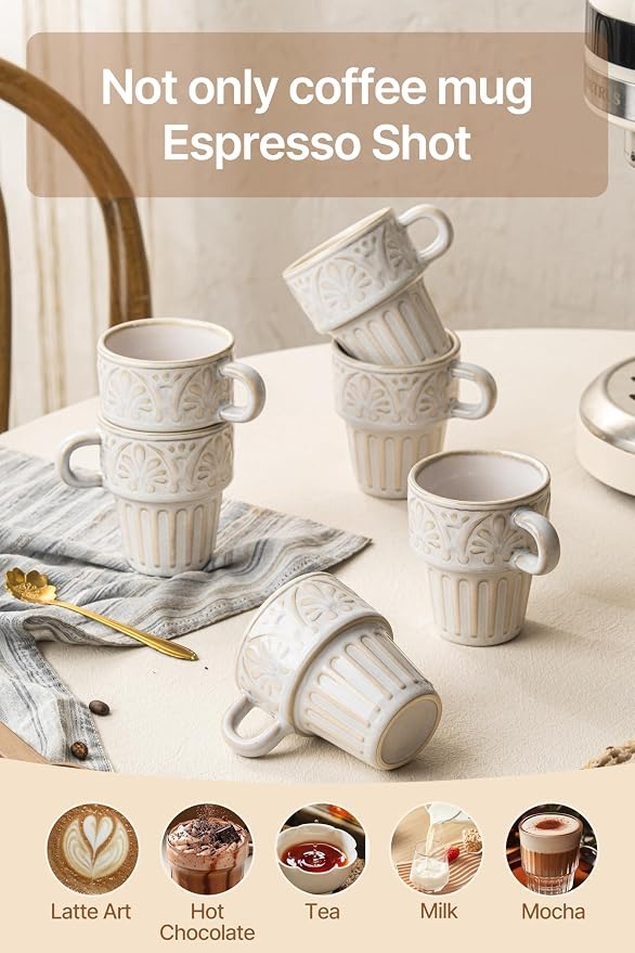 3.3 OZ Coffee Mugs, Ceramic Coffee Mug, Espresso Cups, Stackable Mug, Mug Set of 6, Coffee Cups for Tea Cocoa Cappuccino - Office Party Gathering, Great Gift for Birthday Housewarming Wedding, Beige