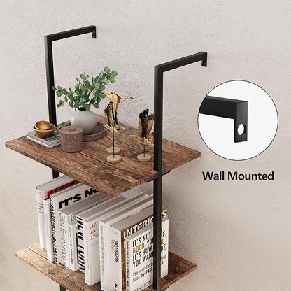 Ladder Shelf 4 Tiers Metal Industrial Bookshelf,Brown Wood Tall Open Storage Rack and Display Shelves,Wall Mount Wide Book Case for Home Office Bedroom,Small
