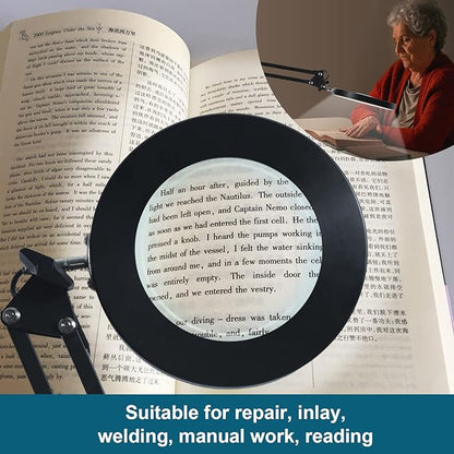 Magnifying Glass with Light and Stand 12V/1A Adapter 5X LED Magnifying Lamp 3 Color Modes Stepless Dimmable 2-in-1 Desk Magnifier with Light, for Hobby Reading Crafts Repair Reading Close Work
