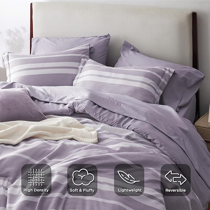 Bedsure Bed in a Bag Full Size 7 Pieces, Purple White Striped Bedding Comforter Sets All Season Bed Set, 2 Pillow Shams, Flat Sheet, Fitted Sheet and 2 Pillowcases