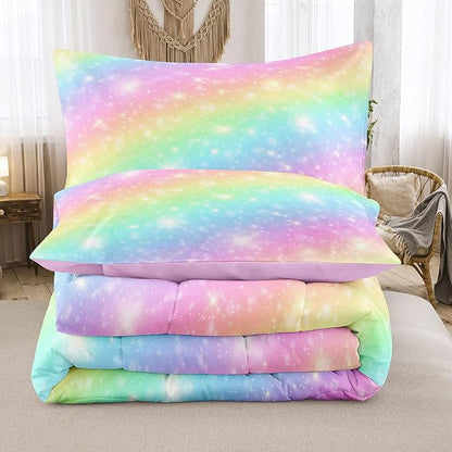 NINENINE Pink Rainbow Bedding Set Girls Bedding Set King for Girls Boys Women Soft Microfiber Stars Glitter Bedding Comforter Set -includes 1 Comforter with Matching Pillowcases……