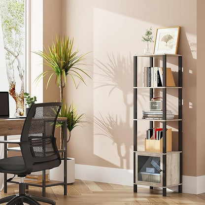 TUTOTAK 5 Tier Bookcase and Bookshelf, Narrow Book shelf with Door for Small Space, for Living Room, Office, Study, Entryway, Greige BS03BG005