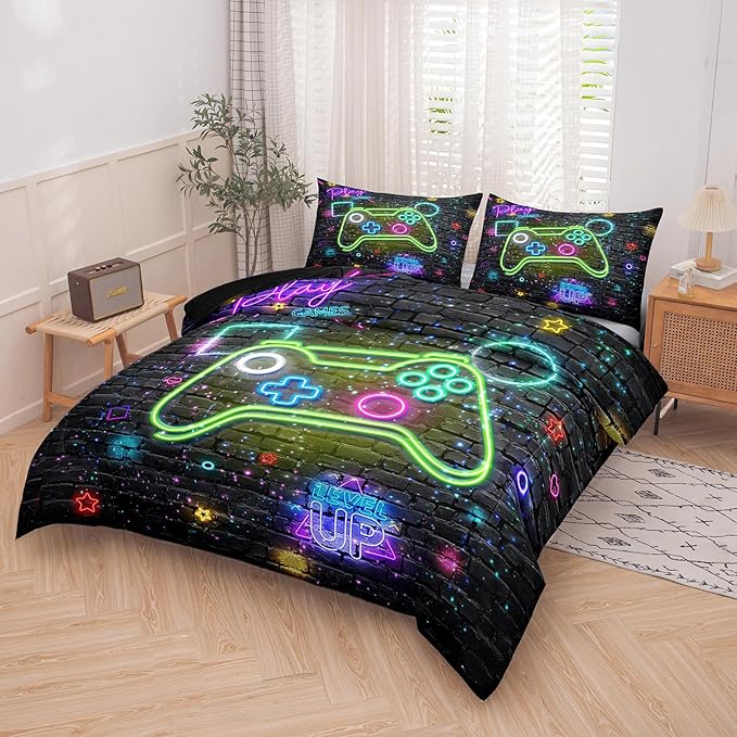 Gamer Comforter Sets for Boys, Twin Boys Bedding Set, 5 Piece Bed in a Bag Twin Boys, Teen Boy Comforter Set, Gamer Bedding Set with Flat Sheet, Fitted Sheet