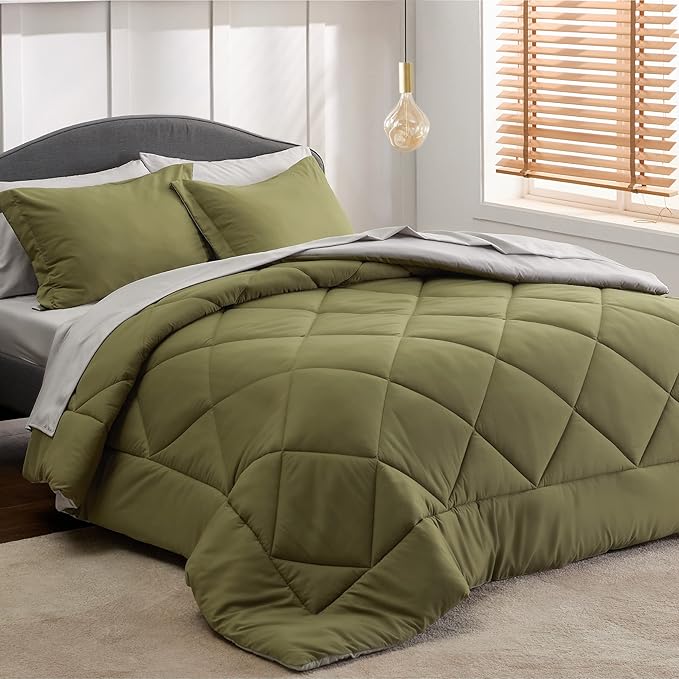 Bedsure Olive Green Twin XL Comforter Set - 5 Pieces Reversible Twin XL Bed in a Bag Twin XL Bed Set with Comforters, Sheets, Pillowcase & Sham, Twin XL Bedding Sets