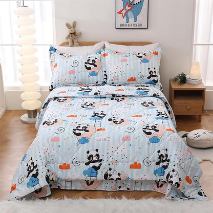 JSD Cute Panda Kids Comforter Set, 3 Pieces Full Microfiber Comforter with Pillow Shams, Soft Comfortable Machine Washable