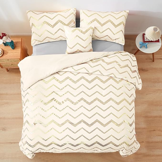 Cream Comforter Set Queen Size Metallic Gold Bedding Set All Season Lightweight Microfiber Comforter for Girls, 4 Piece (2 Pillow Shams + 1 Decorative Pillow Sham)