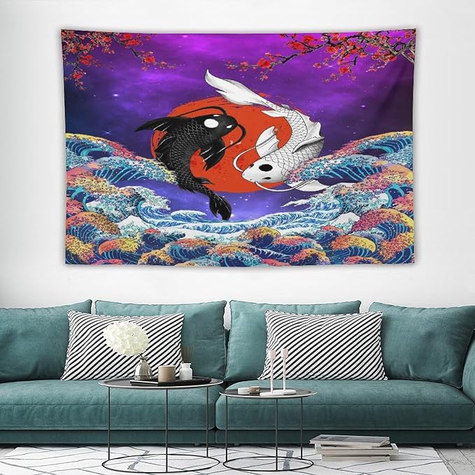 Houselerax Japanese Koi Fish Tapestry, Yin Yang Big Wave Cherry Blossom Tapestries Wall Hanging for Bedroom Living Room Office Decor 90"x60"