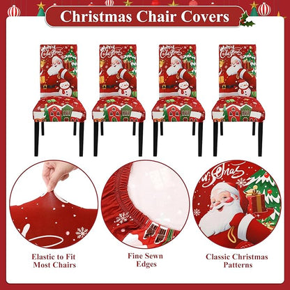 U'Artlines Christmas Chair Covers Set of 6, Removable Washable Merry Christmas Dining Chair Seat Covers Stretch Protector Slipcovers for Dining Room Kitchen Holiday Party Decor, Santa Claus