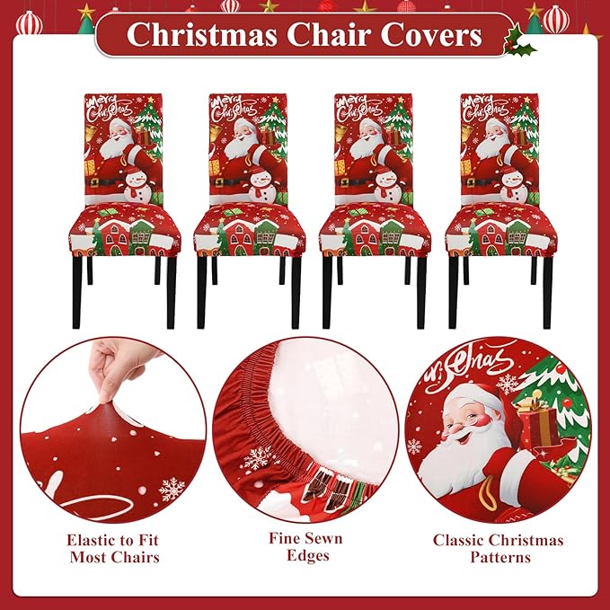 U'Artlines Christmas Chair Covers Set of 4, Removable Washable Merry Christmas Dining Chair Seat Covers Stretch Protector Slipcovers for Dining Room Kitchen Holiday Party Decor, Santa Claus