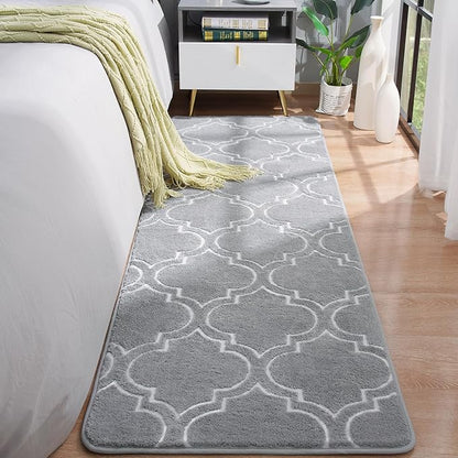 Chicrug Shag Geometric Modern Runner Rug for Bedroom, 2x6 Feet Memory Foam Indoor Hallway Runner Carpet, Fluffy Rug for Living Room Bedside Room Decor for Family, Grey/White