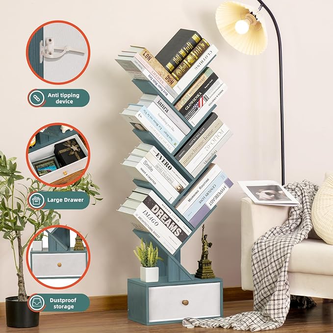 8 Tier Tree Bookshelf with Drawer, Free Standing Wood Bookcase for Narrow Space, Storage Organizer Bookshelves for Books, Book Case for Home Office, Living Room, Bedroom, Navy Blue