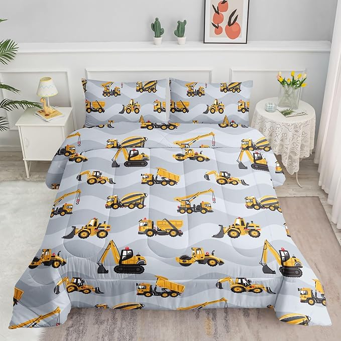 Datura home Construction Truck Comforter Set for Boys Kids Children,Grey Machinery Truck Excavators Vehicles Cartoon Tractor Bedding with 1 and 2 Pillowcases(Truck Grey Twin), Twin 68x86inches
