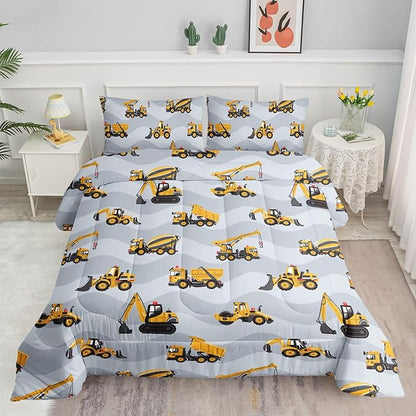 Datura home Construction Truck Comforter Set for Boys Kids Children,Grey Machinery Truck Excavators Vehicles Cartoon Tractor Bedding Set with 1 Comforter and 2 Pillowcases(Truck Grey Full) 80x90in