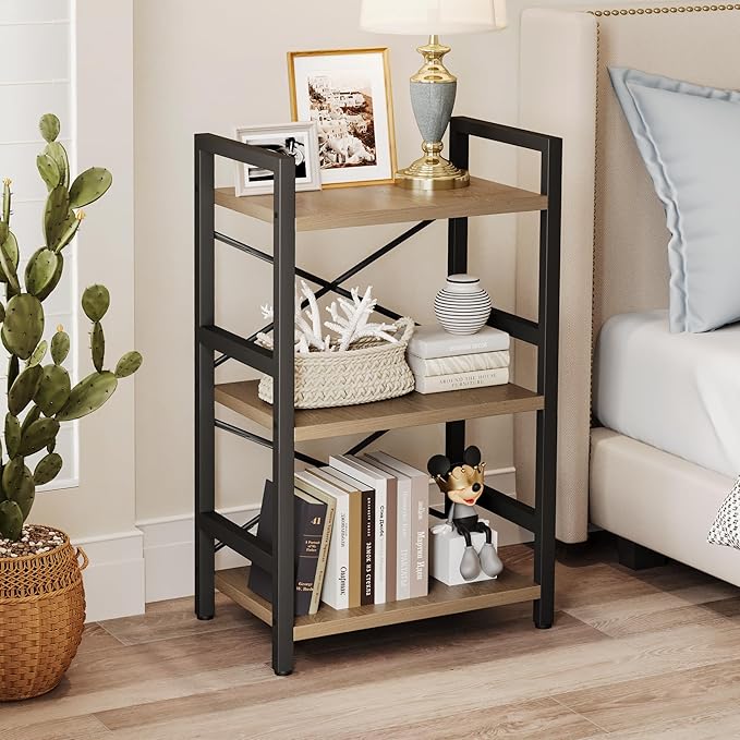 Bookshelf, 3 Tier Industrial Bookcase, Metal Small Bookcase, Rustic Etagere Book Shelf Storage Organizer for Living Room, Bedroom, and Home Office(Light Coffee) Patent Pending D29873033