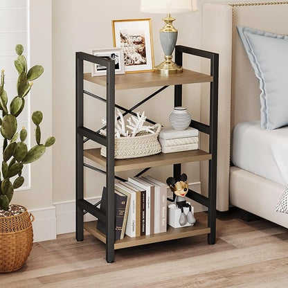Bookshelf, 3 Tier Industrial Bookcase, Metal Small Bookcase, Rustic Etagere Book Shelf Storage Organizer for Living Room, Bedroom, and Home Office(Light Coffee) Patent Pending D29873033