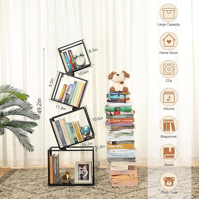 Bookshelf 2024 NEW, 4-Tier Bookshelves, 49.2" Tall Black Bookshelf, Book Shelf, Bookcase, Modern Bookshelf, Storage Shelves for CDs/Books/Collections, Display Shelf, Livingroom, Bedroom, Office