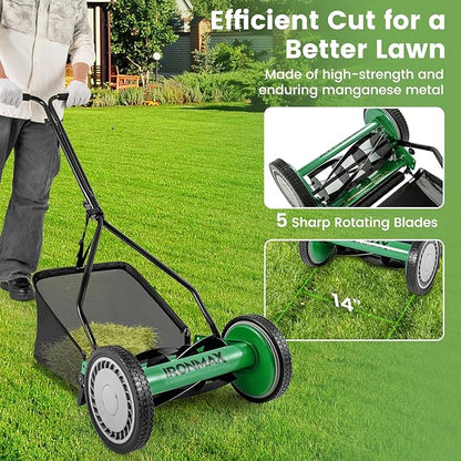 Goplus Manual Lawn Mower, 14 Inch 5-Blade Walk-Behind Cordless Grass Cutter with 7 Gallon Removable Grass Collect Bag, Adjustable Cutting Heights, Push Reel Lawn Mower for Yard, Garden