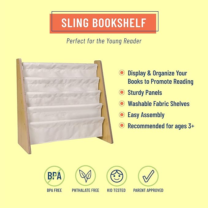 Wildkin Kids Canvas Sling Bookshelf for Boys and Girls, Wooden Design Features Four Fabric Shelves, Keep Bedrooms, Playrooms, and Classrooms Organized, Measures 25 x 24 x 11 Inches (Natural w/ Tan)