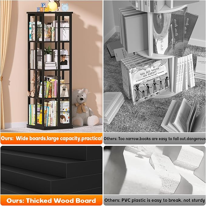 Aheaplus Rotating Bookshelf, Corner Bookshelf, 360 Display Wood Spinning Bookshelf, Floor Standing Bookcase Narrow Shelf Revolving Organizer Storage Rack for Small Space, Bedroom, Study Room, Black