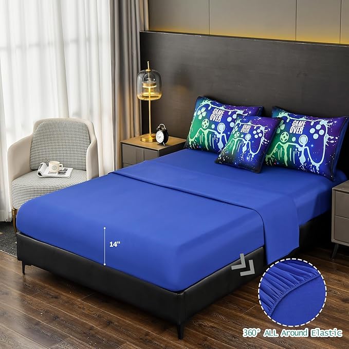 Gamer Console Blue Comforter Set with Sheets for Boys,Full Size Glitter Gaming Bedding Set for Kids,6 Pieces Colorful Graffiti Green Dark Game Controller Bed in a Bag for Teens (Green&Blue, Full)