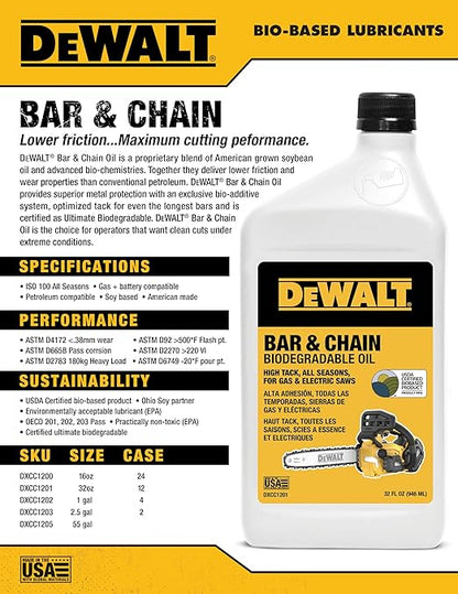 DEWALT – Biodegradable Bar & Chain Oil – Green, Eco-Friendly, Non-Toxic Professional Bar & Chainsaw Lubricant – Ultraclean All-Season Oil for Gas, Electric Saw, and Pole Saw, 1 Gallon