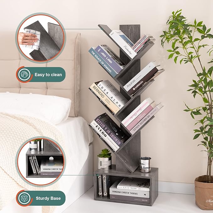 Yoobure Tree Bookshelf - 6 Shelf Retro Floor Standing Bookcase, Tall Wood Book Storage Rack for CDs/Movies/Books, Utility Book Organizer Shelves for Bedroom, Living Room, Home Office, Grey