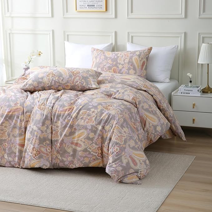 ABREEZE Paisley Bedding Sets 3Pcs Brushed Cotton Duvet Cover Set Queen Size Rustic Damask Gold Floral Comforter Cover with Zipper Closure Boho Bedding Collections