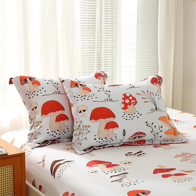 Mushroom Comforter Set Twin Size for Boys Girls Kids Teens 7 Piece Butterfly Flower Bedding Set Bed in a Bag (1 Comforter, 1 Flat Sheet, 1 Fitted Sheet, 2 Pillow Shams, 2 Pillowcases)