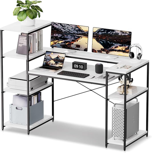 63-Inch Computer Desk with Printer Shelf, Teen Desk, Home Office Desk with Monitor Stand and Bookshelf for Study, Writing, PC Work, Gaming