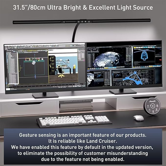 Desk Lamp 31.5" W, Desk Lamp for Home Office, Gesture Sensing Desk Light, Monitor Light, Adjustable Color Temperature & Brightness, Table Lamp 24W Brightest, Black