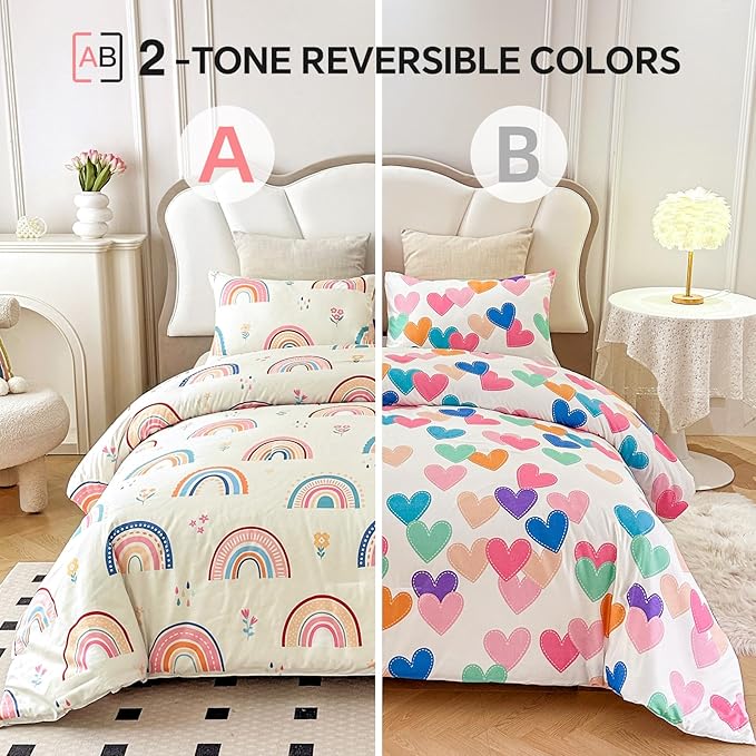 Btargot Lightweight Soft 3 Piece Rainbow Comforter Set with 2 Pillow Covers, Cartoon Love Hearts Flowers and Grass Bedding Set for Girls Boys Kids, Twin Multi-Color
