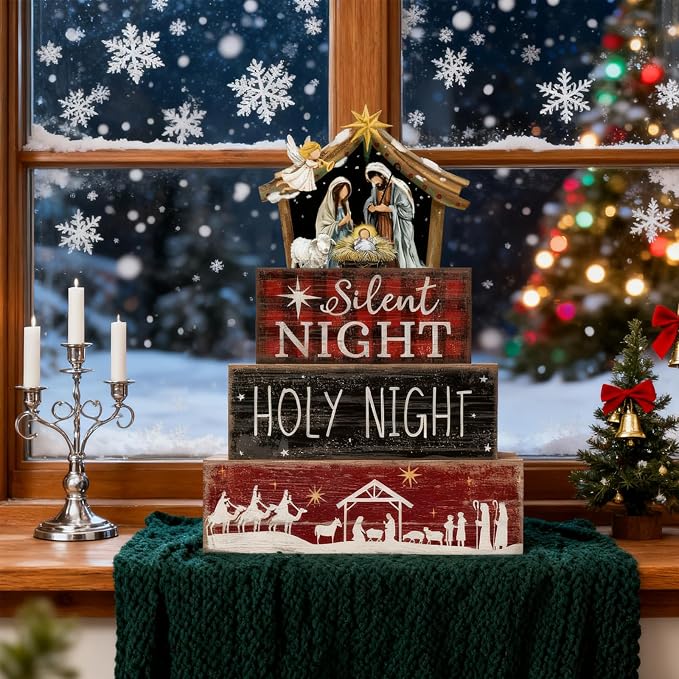 Moucuny 4 Pcs Christmas Table Decor Wooden Christian Religious Decoration Nativity Scene Centerpiece Holy Night Tiered Tray Decor Red and Black Buffalo Plaid Block Signs Xmas Decoration for Kitchen