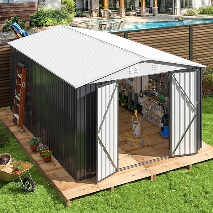 10x14 FT Outdoor Storage Shed, Garden Shed with Updated Frame Structure and Lockable Doors, Metal Tool Sheds for Backyard Garden Patio Lawn, White