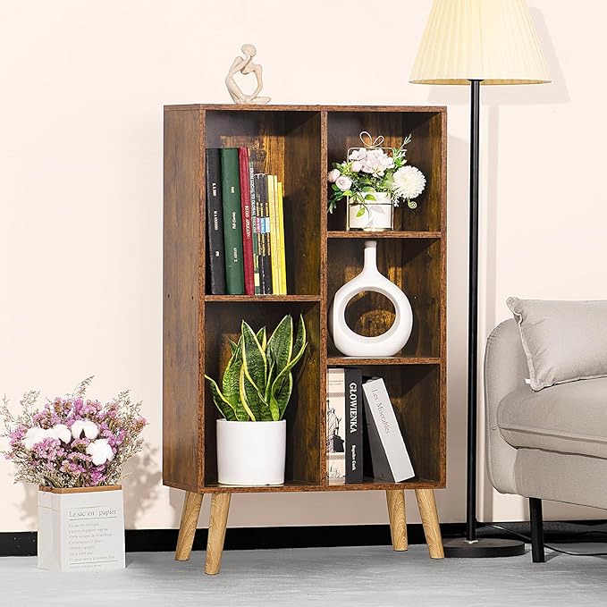 LEYAOYAO 5 Cube Small Bookshelf,3 Tier Mid-Century Bookcase with Legs,Wood Bookshelves Storage Organizer Shelf,Narrow Book Shelves,Brown Bookcases