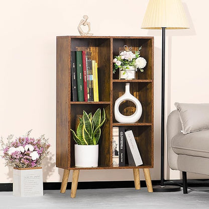 LEYAOYAO 5 Cube Small Bookshelf,3 Tier Mid-Century Bookcase with Legs,Wood Bookshelves Storage Organizer Shelf,Narrow Book Shelves,Brown Bookcases