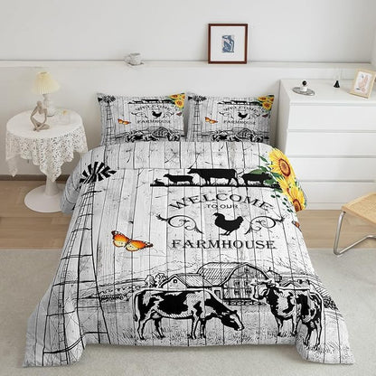 Farmhouse Windmill Comforter Set Full Size Rustic Farm Barn Door Bedding Comforter Sets for Cowboy Cowgirl, Vintage Western Cow Gifts Bedding Room Decor Butterfly Sunflowers Wooden Plank Duvet Insert